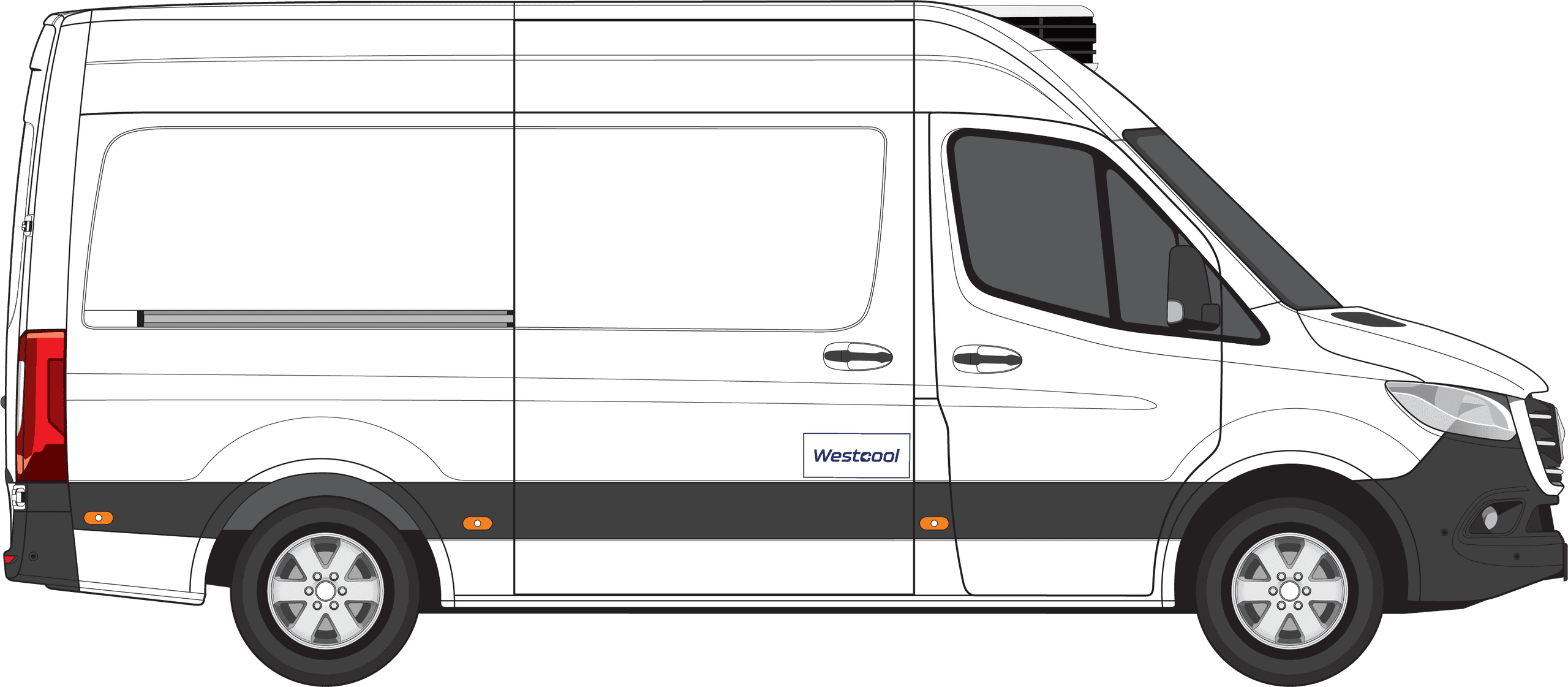 Technical side-view drawing of a Mercedes Sprinter panel van with a Carrier refrigeration unit on the roof