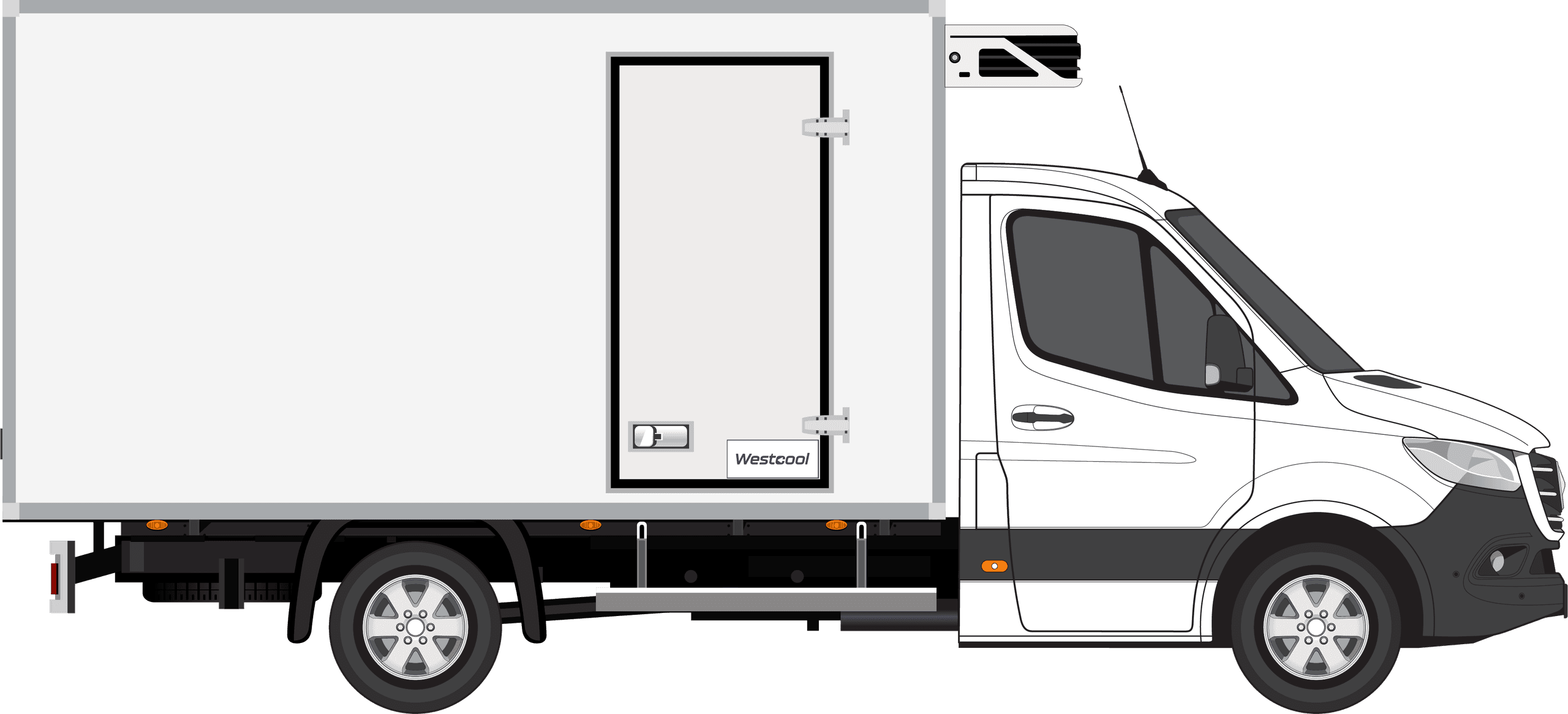 Vue latérale d’un châssis-cabine Mercedes Sprinter avec caisse frigorifique isotherme